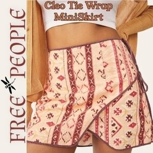 FREE PEOPLE NWT Cleo Woodblock-Printed Side Tie Faux Wrap Cotton Mini Skirt/Sz8